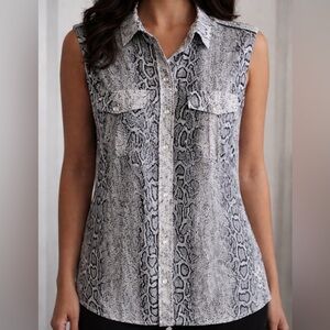Mango Top Snake Skin Animal Print Button Down Sleeveless Blouse Top Shirt Sz.L